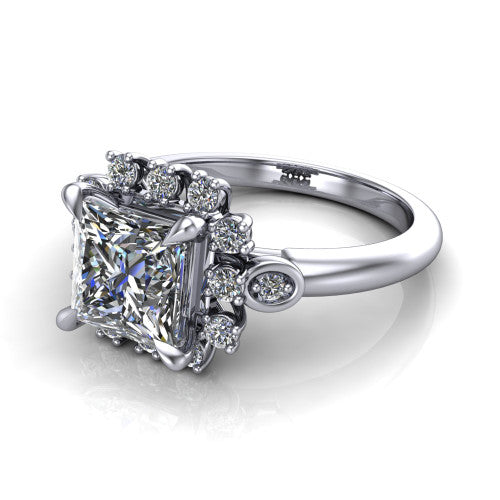 June princess-cut halo engagement ring in 14K White Gold, three-quarter perspective showing the princess-cut center diamond in an ornate cluster halo with bezel side accents