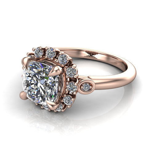June cushion halo engagement ring in 14K Rose Gold, three-quarter perspective showing the cushion center diamond in an ornate cluster halo with bezel side accents