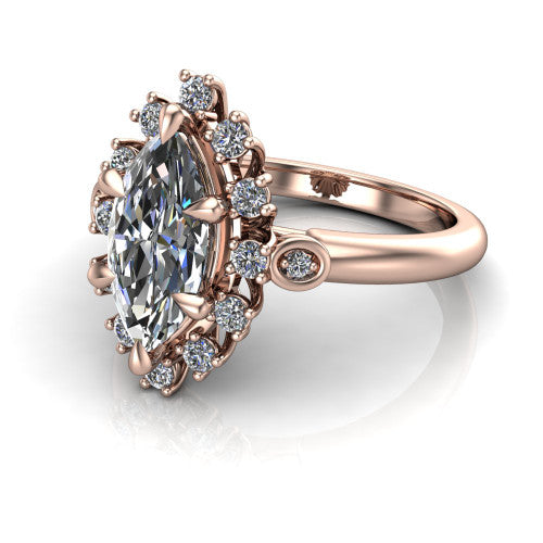 June marquise halo engagement ring in 14K Rose Gold, three-quarter perspective showing the marquise center diamond in an ornate cluster halo with bezel side accents