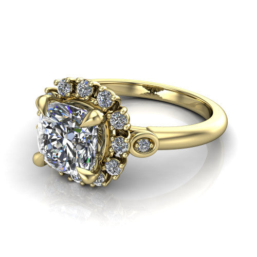 June cushion halo engagement ring in 18K Yellow Gold, three-quarter perspective showing the cushion center diamond in an ornate cluster halo with bezel side accents