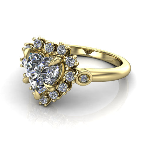 June heart halo engagement ring in 14K Yellow Gold, three-quarter perspective showing the heart center diamond in an ornate cluster halo with bezel side accents