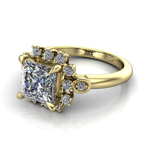 June princess-cut halo engagement ring in 14K Yellow Gold, three-quarter perspective showing the princess-cut center diamond in an ornate cluster halo with bezel side accents