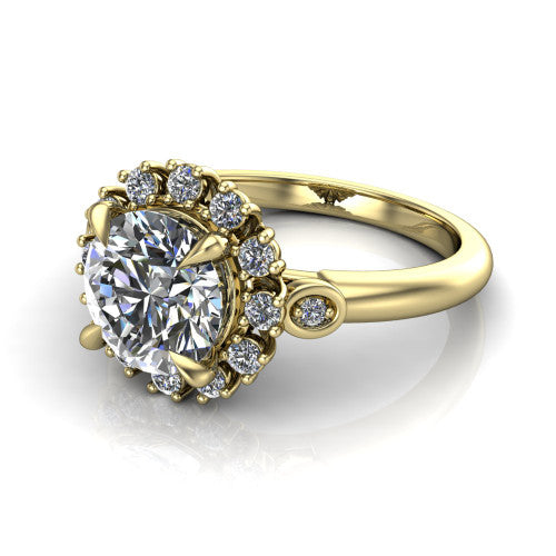June round halo engagement ring in 14K Yellow Gold, three-quarter perspective showing the round center diamond in an ornate cluster halo with bezel side accents