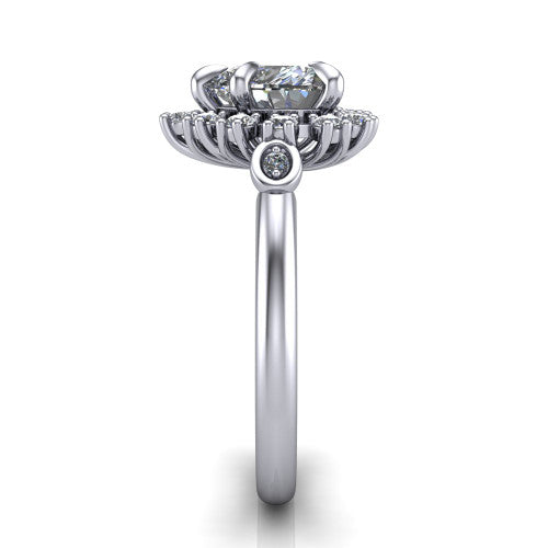 June heart halo engagement ring in 18K White Gold, side profile showing the cluster halo, bezel accents, and slim band in side view