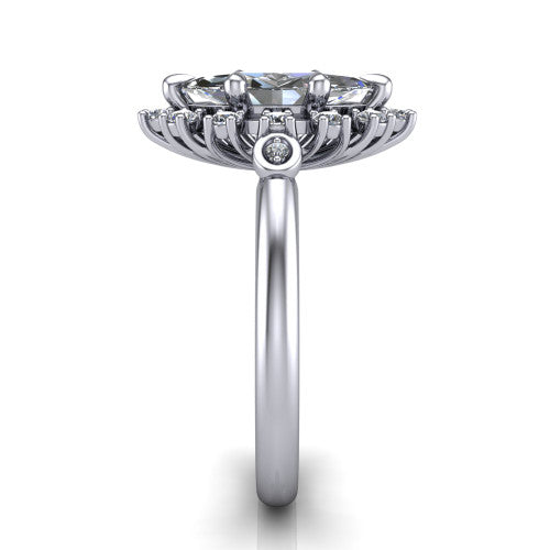 June marquise halo engagement ring in 14K White Gold, side profile showing the cluster halo, bezel accents, and slim band in side view