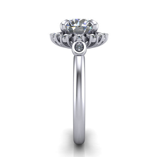 June round halo engagement ring in 14K White Gold, side profile showing the cluster halo, bezel accents, and slim band in side view