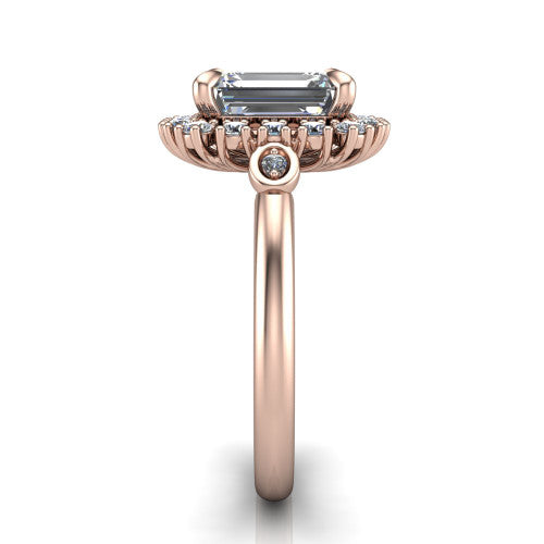 June emerald-cut halo engagement ring in 14K Rose Gold, side profile showing the cluster halo, bezel accents, and slim band in side view