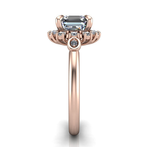 June square emerald-cut halo engagement ring in 18K Rose Gold, side profile showing the cluster halo, bezel accents, and slim band in side view