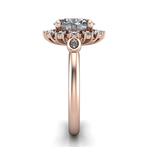 June oval halo engagement ring in 14K Rose Gold, side profile showing the cluster halo, bezel accents, and slim band in side view