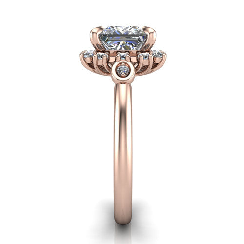 June princess-cut halo engagement ring in 18K Rose Gold, side profile showing the cluster halo, bezel accents, and slim band in side view