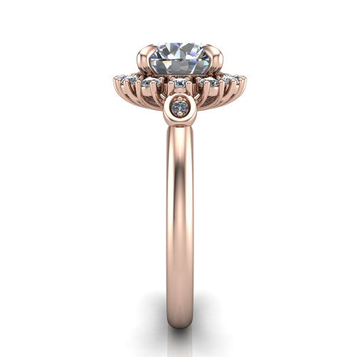 June round halo engagement ring in 18K Rose Gold, side profile showing the cluster halo, bezel accents, and slim band in side view