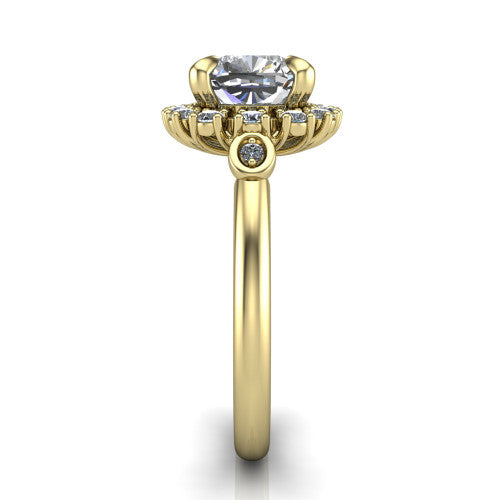 June cushion halo engagement ring in 18K Yellow Gold, side profile showing the cluster halo, bezel accents, and slim band in side view