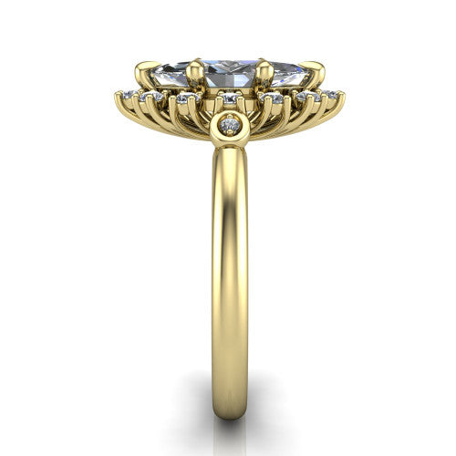 June marquise halo engagement ring in 14K Yellow Gold, side profile showing the cluster halo, bezel accents, and slim band in side view