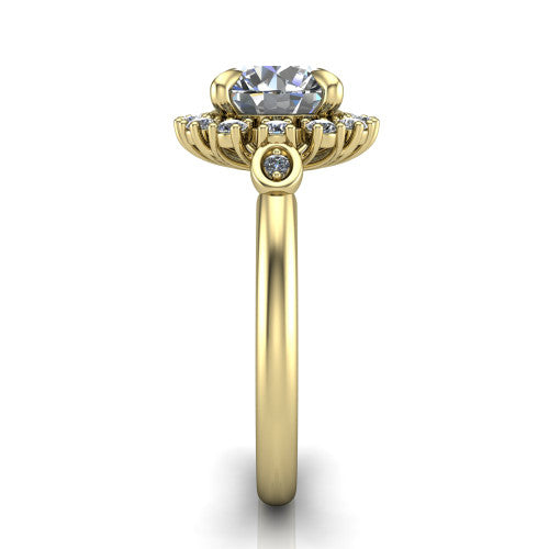 June round halo engagement ring in 14K Yellow Gold, side profile showing the cluster halo, bezel accents, and slim band in side view