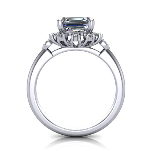 June square emerald-cut halo engagement ring in 18K White Gold, through-finger front profile showing the cluster halo and bezel accents from the front