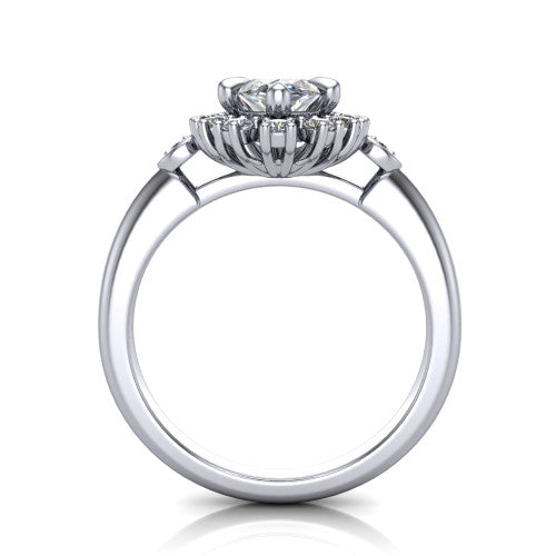 June marquise halo engagement ring in 18K White Gold, through-finger front profile showing the cluster halo and bezel accents from the front