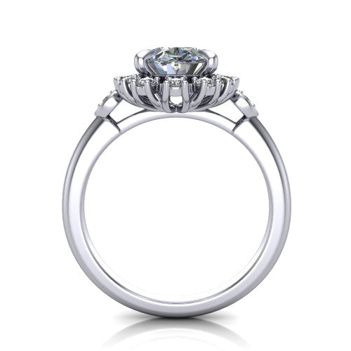 June oval halo engagement ring in Platinum, through-finger front profile showing the cluster halo and bezel accents from the front