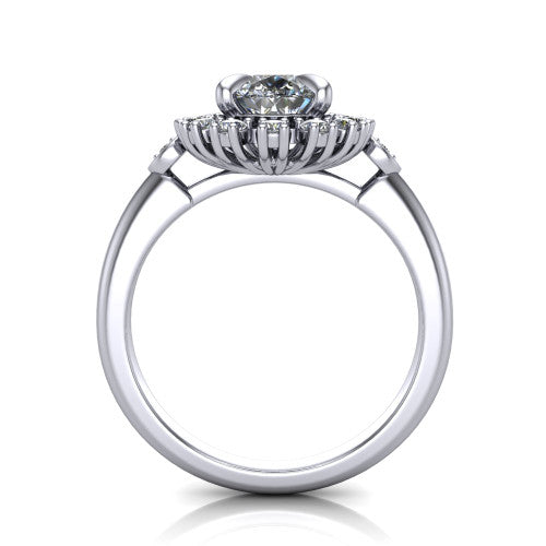 June pear halo engagement ring in 14K White Gold, through-finger front profile showing the cluster halo and bezel accents from the front