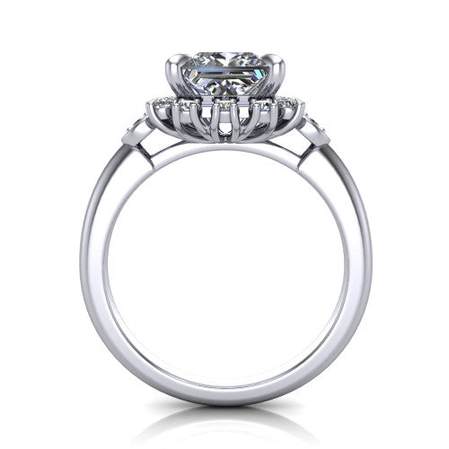 June princess-cut halo engagement ring in 18K White Gold, through-finger front profile showing the cluster halo and bezel accents from the front