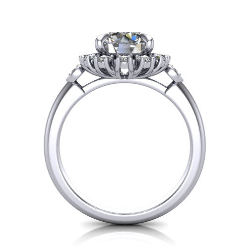 June round halo engagement ring in Platinum, through-finger front profile showing the cluster halo and bezel accents from the front