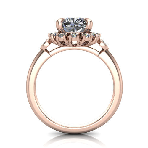 June cushion halo engagement ring in 14K Rose Gold, through-finger front profile showing the cluster halo and bezel accents from the front