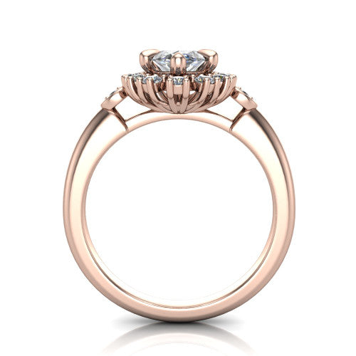 June marquise halo engagement ring in 14K Rose Gold, through-finger front profile showing the cluster halo and bezel accents from the front