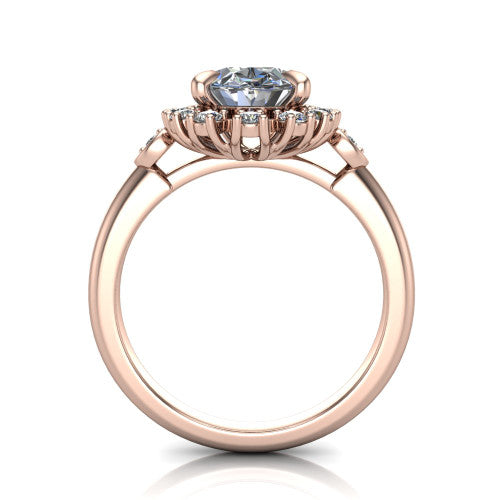 June oval halo engagement ring in 18K Rose Gold, through-finger front profile showing the cluster halo and bezel accents from the front