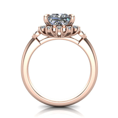 June princess-cut halo engagement ring in 18K Rose Gold, through-finger front profile showing the cluster halo and bezel accents from the front