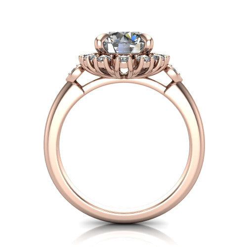 June round halo engagement ring in 18K Rose Gold, through-finger front profile showing the cluster halo and bezel accents from the front
