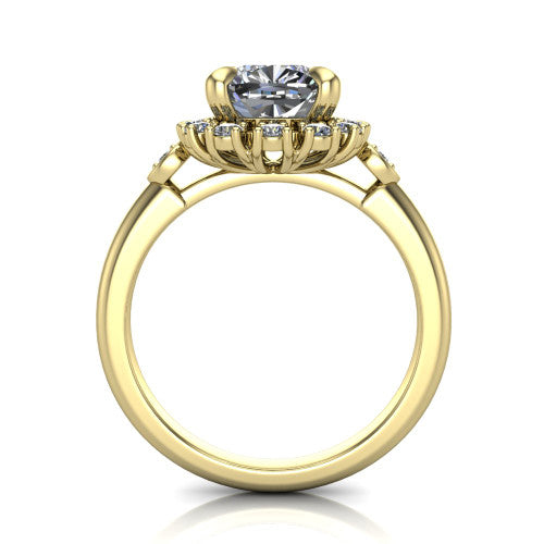 June cushion halo engagement ring in 18K Yellow Gold, through-finger front profile showing the cluster halo and bezel accents from the front