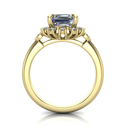 June square emerald-cut halo engagement ring in 18K Yellow Gold, through-finger front profile showing the cluster halo and bezel accents from the front
