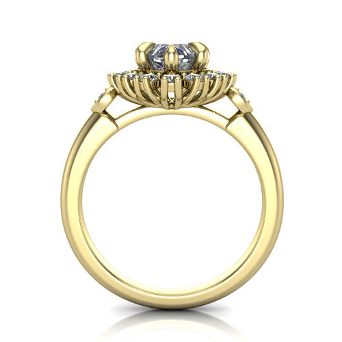 June heart halo engagement ring in 18K Yellow Gold, through-finger front profile showing the cluster halo and bezel accents from the front