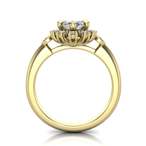 June marquise halo engagement ring in 18K Yellow Gold, through-finger front profile showing the cluster halo and bezel accents from the front