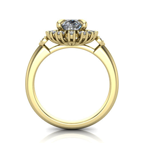 June pear halo engagement ring in 18K Yellow Gold, through-finger front profile showing the cluster halo and bezel accents from the front