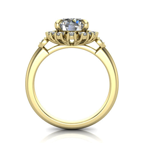 June round halo engagement ring in 18K Yellow Gold, through-finger front profile showing the cluster halo and bezel accents from the front