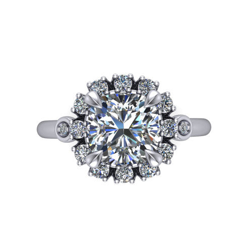 June cushion halo engagement ring in 14K White Gold, top-down view showing the cushion center diamond framed by the cluster halo from above