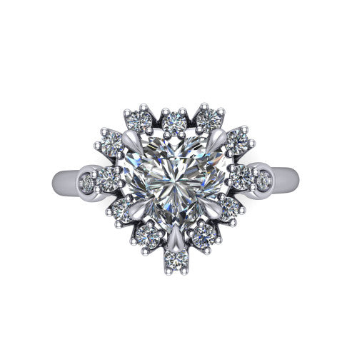 June heart halo engagement ring in 14K White Gold, top-down view showing the heart center diamond framed by the cluster halo from above