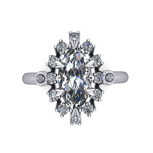 June marquise halo engagement ring in Platinum, top-down view showing the marquise center diamond framed by the cluster halo from above
