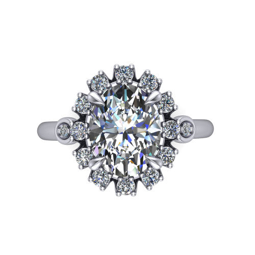 June oval halo engagement ring in Platinum, top-down view showing the oval center diamond framed by the cluster halo from above