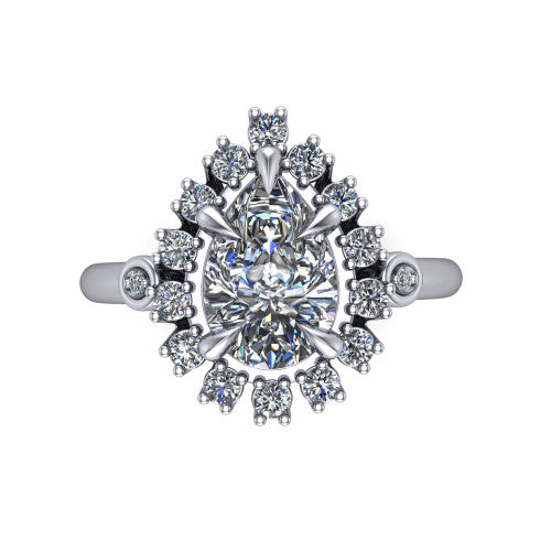 June pear halo engagement ring in 14K White Gold, top-down view showing the pear center diamond framed by the cluster halo from above
