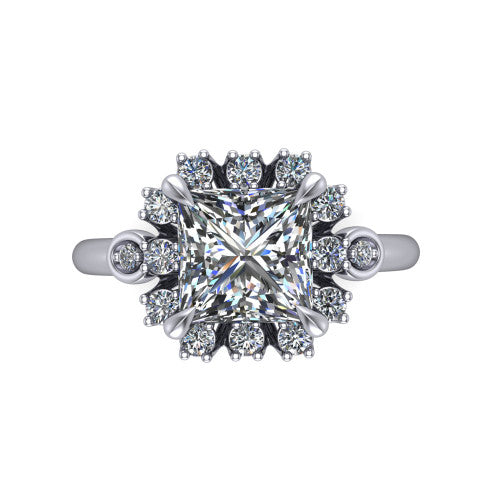 June princess-cut halo engagement ring in 14K White Gold, top-down view showing the princess-cut center diamond framed by the cluster halo from above
