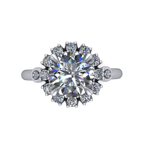 June round halo engagement ring in 18K White Gold, top-down view showing the round center diamond framed by the cluster halo from above