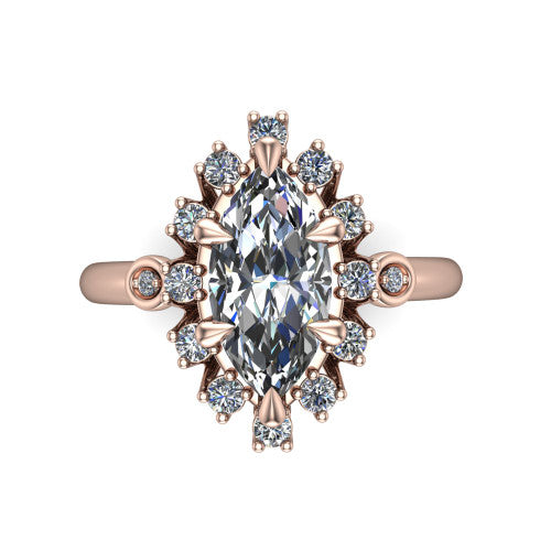 June marquise halo engagement ring in 18K Rose Gold, top-down view showing the marquise center diamond framed by the cluster halo from above