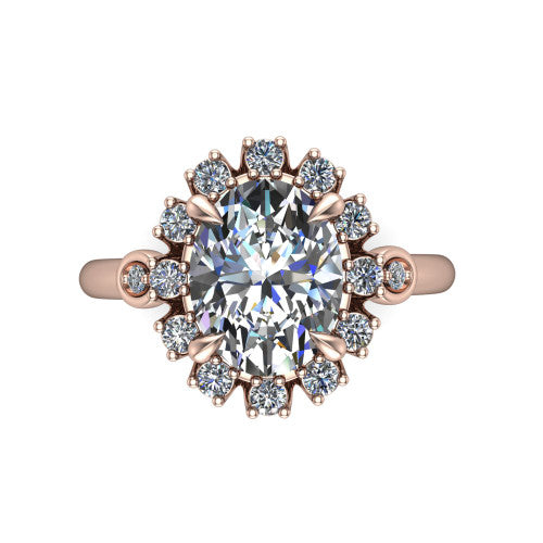 June oval halo engagement ring in 18K Rose Gold, top-down view showing the oval center diamond framed by the cluster halo from above