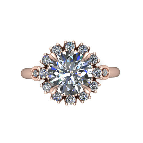 June round halo engagement ring in 18K Rose Gold, top-down view showing the round center diamond framed by the cluster halo from above