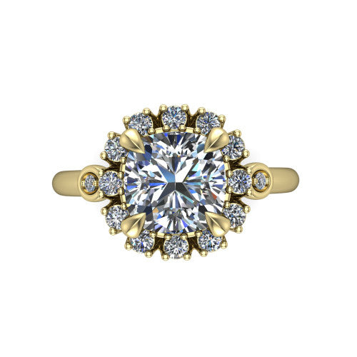June cushion halo engagement ring in 18K Yellow Gold, top-down view showing the cushion center diamond framed by the cluster halo from above
