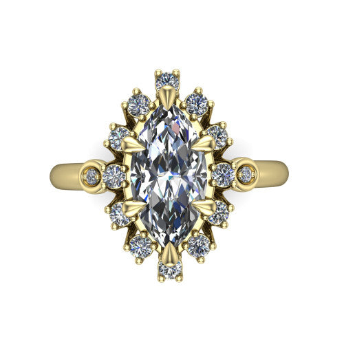 June marquise halo engagement ring in 14K Yellow Gold, top-down view showing the marquise center diamond framed by the cluster halo from above