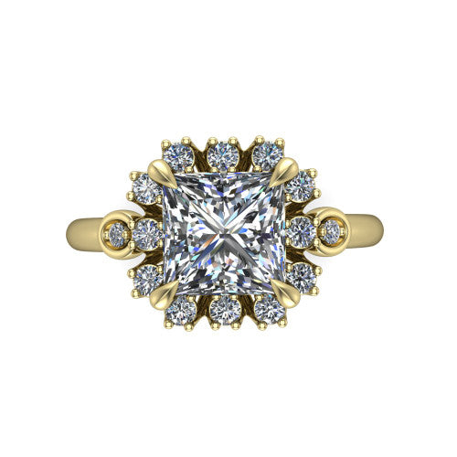 June princess-cut halo engagement ring in 14K Yellow Gold, top-down view showing the princess-cut center diamond framed by the cluster halo from above
