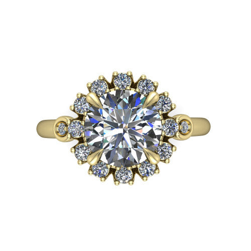 June round halo engagement ring in 18K Yellow Gold, top-down view showing the round center diamond framed by the cluster halo from above