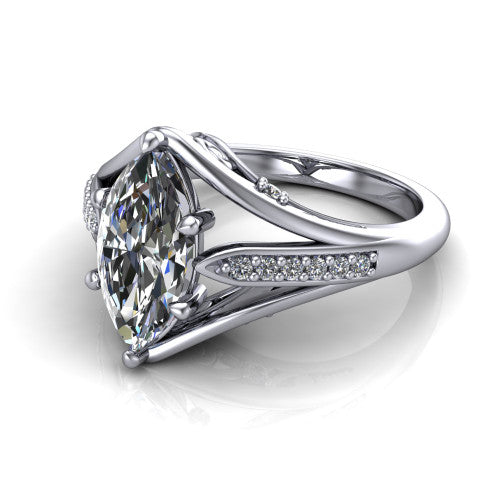 Blakely marquise solitaire engagement ring in 14K White Gold, three-quarter perspective showing the marquise center diamond above a split-shank pave band with filigree gallery